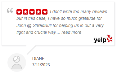 Yelp 5 star review testimonial shredbull is a great shredding service